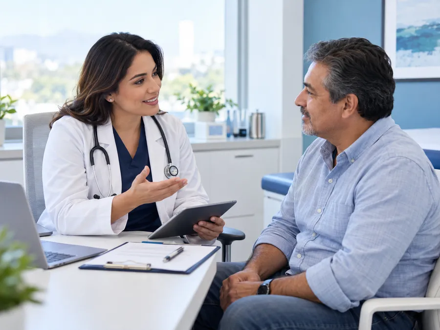 Médica atendiendo con calidez a un paciente en un consultorio