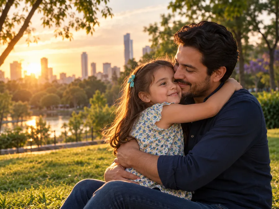 Padre abrazando a su hija en un parque al atardecer